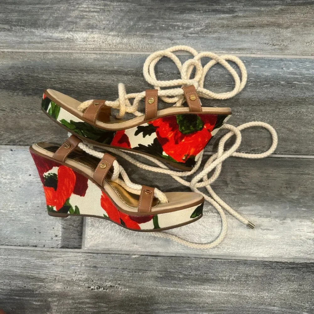 Milly For Sperry top-Sider leather lace up rope wedge sandals Floral Size 6